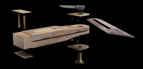 3D illustration of a Grungy Sliding Bevel Gauge in exploded perspective view on black background