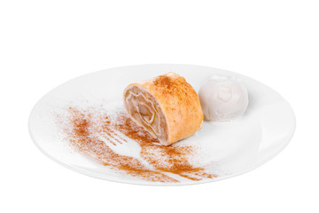 apple pie, charlotte with vanilla ice cream, served on a plate isolated white background, pattern, fork of cocoa. Dessert for a menu in a cafe, restaurant, coffee shop side view