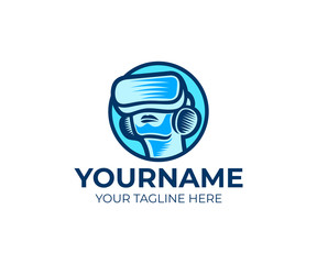 Man in virtual reality goggles logo template. Human in virtual reality headset, virtual reality glasses vector design. Innovative technologies illustration