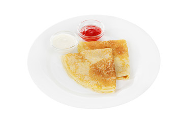 Two pancakes triangle with berry jam and sour cream, isolated white background on a plate. Dessert for a menu in a cafe, restaurant, coffee shop side view