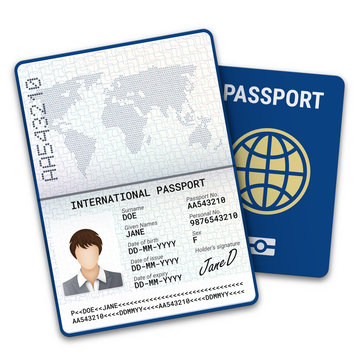 International female passport template with biometric data identification and sample of photo, signature and other personal data. Vector illustration