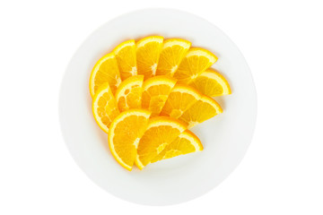 Slices of orange on a plate isolated white background. Dessert for a menu in a cafe, restaurant, coffee shop view from above