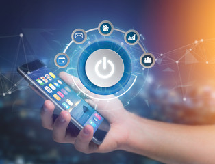 Power button symbol with computer app displayed on a futuristic interface