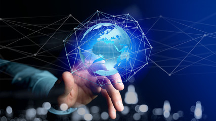 Businessman holding a Connected network over a earth globe concept on a futuristic interface - 3d rendering