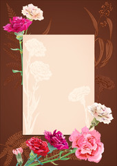 Vertical frame, template for Mother's Day with carnation schabaud: red, pink, white flowers, green leaves (fern, eucalyptus), vintage background, hand draw, botanical illustration, vector, copy space