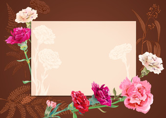 Horizontal frame, card for Mother's Day with carnation schabaud: red, pink, white flowers, green twigs (fern, eucalyptus), brown background, hand draw, vintage botanical illustration, vector