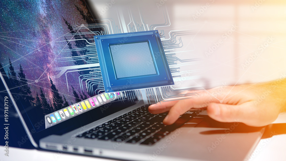 Poster processor chip and network connection - 3d render