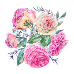 Vintage watercolor pink english roses