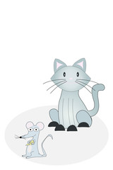 Illustrated cat and mouse on grey rug