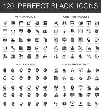 My workplace, creative process, mind process, human productivity black mini concept icons symbols. Modern vector icon pictogram set