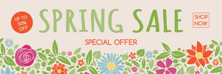 Spring Sale - colorful banner with flowers. Vector.