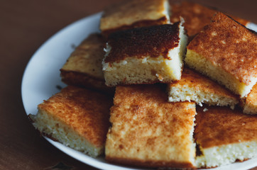 beautiful casserole on a plate of Golden-colored cottage cheese sweet tasty