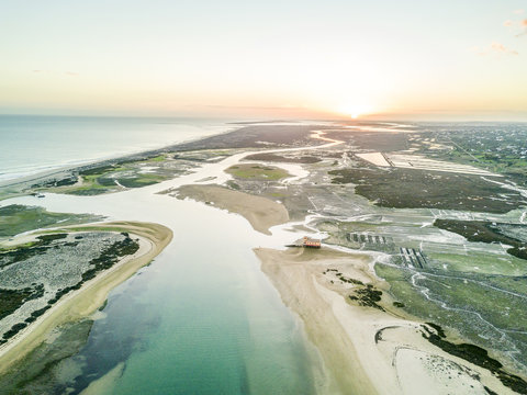 Aerial view of unique Ria Formosa in Fuseta, Algarve, Portugal