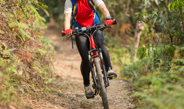 cyclist woman legs riding mountain bike on outdoor trail in forest