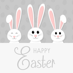 Easter - beautiful poster with greeting and happy bunny on background with decorative eggs. Vector.