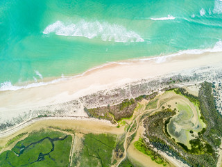 Fototapeta na wymiar Aerial view of unique Ria Formosa in Fuseta, Algarve, Portugal