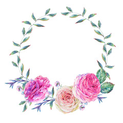 Nature watercolor round wreath with roses