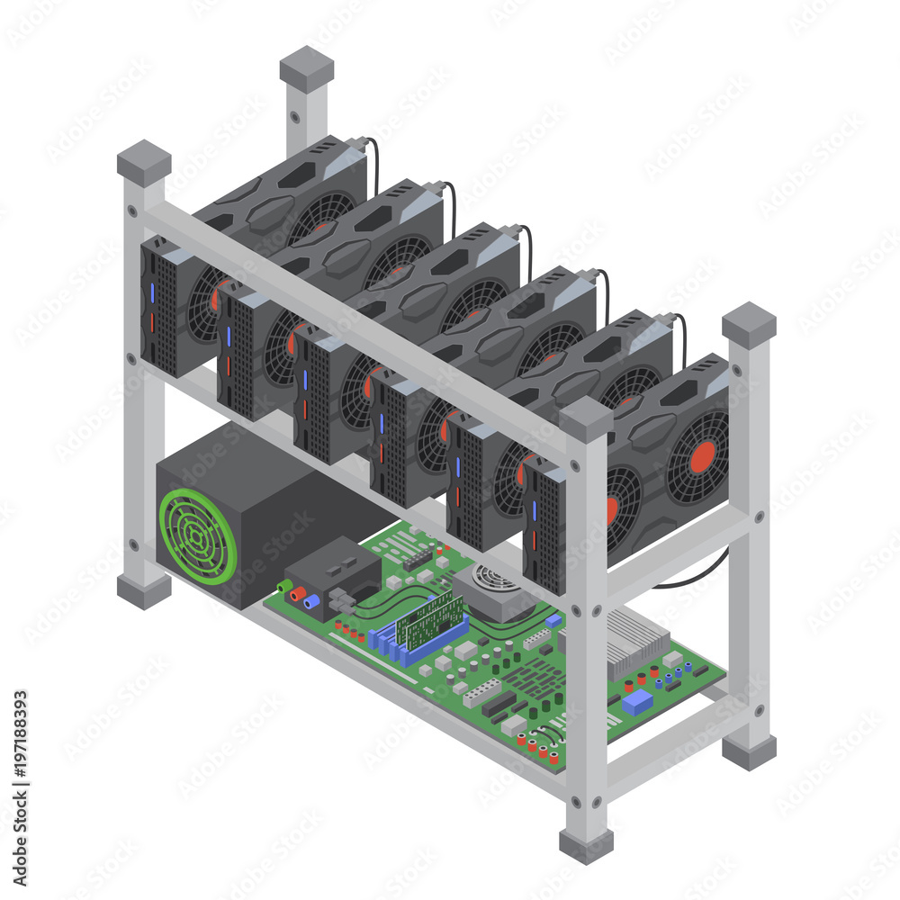 Poster isometric vector crypto currency mining single farm with graphic video cards isolated.