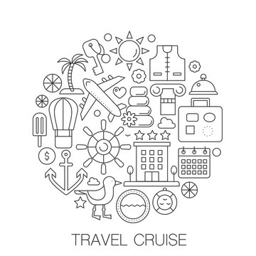 Travel cruise in circle - concept line illustration for cover, emblem, badge. Travel cruise vacation travel thin line stroke icons set.