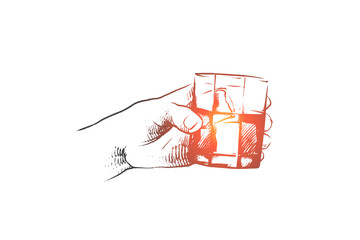 Time to drink concept. Hand drawn persons hand with glass of whiskey. Male hand with shot of rum, whiskey or cognac isolated vector illustration.