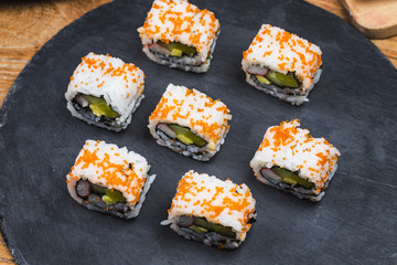A plate of sushi on the board, Japanese food