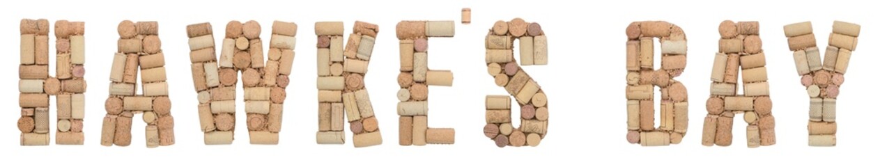 Wine region of New Zealand Hawke's Bay made of wine corks Isolated on white background