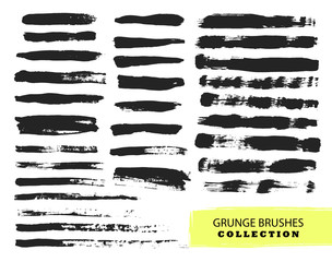 Set of black paint, ink brush strokes, brushes, lines. Dirty artistic design elements, boxes, frames for text.