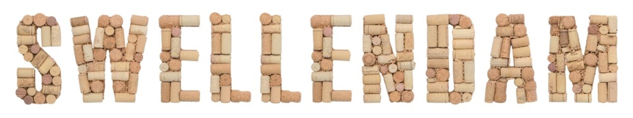 Wine region of South Africa Swellendam made of wine corks Isolated on white background