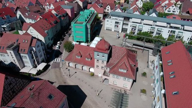 Aerial Drone Footage View:  Flying Around Nice Old Town Hall In The City in Sun Soft Light. Shot in Gerlingen close to Stuttgart, Germany. Beautiful City. in 4k!
