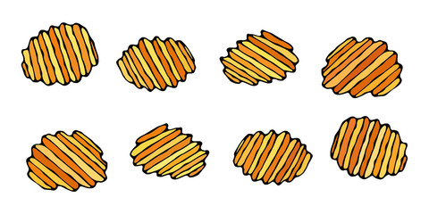 Ruffled or Corrugated Potato Chips. Beer Snack. Figure Knife Cuts of Vegetable. Carved Cooking Ingredient. Fast Food or Street Food Cuisine. Realistic Hand Drawn Illustration. Savoyar Doodle Style.