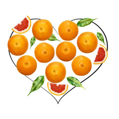 Fruit composition with fresh grapefruit and cartoon cute doodle drawing heart shape on white background. Creative minimalistic food concept.