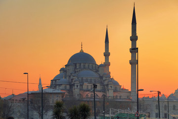 ISTANBUL, TURKEY - MARCH 24, 2012: New mosque at sunset.