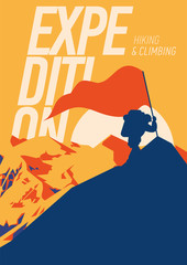 Extreme outdoor adventure poster. Climber on peak with a red flag at sunset.