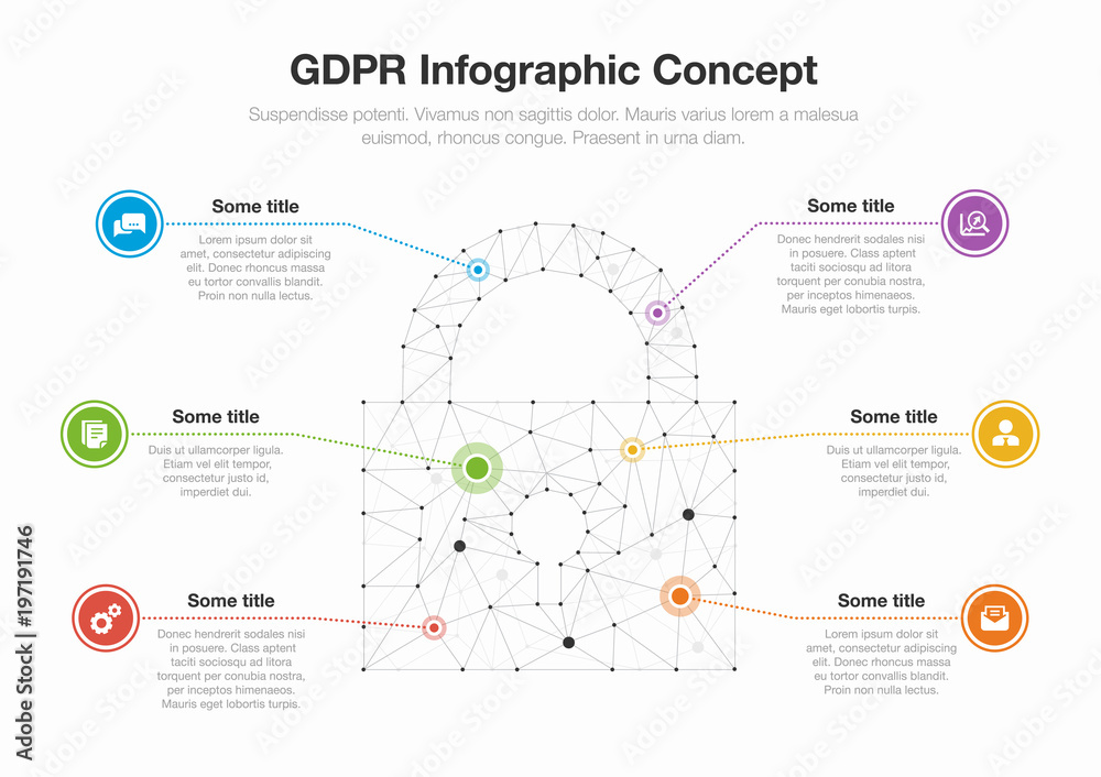 Poster European GDPR infographic concept with padlock symbol made from network polygons isolated on light background. Easy to use for your website or presentation.