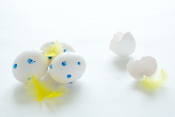 Easter eggs with colorful feathers, broken shell and chicken footprints isolated on white