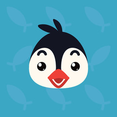Penguin emotional head. Vector illustration of cute arctic bird shows surprised emotion. Shocked emoji. Smiley icon. Print, chat, communication. Penguin in flat cartoon style on blue background.