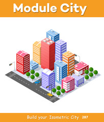 Colorful 3D isometric city of houses and street of the urban multicolored landscape