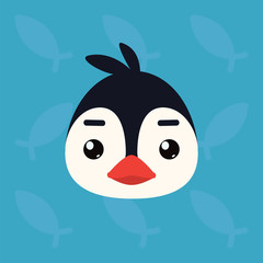 Penguin emotional head. Vector illustration of cute arctic bird shows neutral emotion. Poker face emoji. Smiley icon. Print, chat, communication. Penguin in flat cartoon style on blue background.