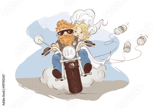 "Wedding bikers / Vector illustration, postcard just married on a
