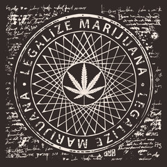 Vector banner for legalize marijuana with hemp leaf pattern on abstract old papyrus background or grunge style manuscript. Natural product made from organic hemp. Smoking weed. Medical cannabis logo