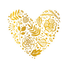Flower heart shape pattern. Gold Floral card. Hand drawn illustration. Nature vector design.