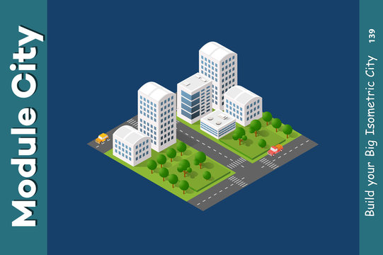 Set of isometric skyscrapers street road traffic cars. Infrastructure urban economy.