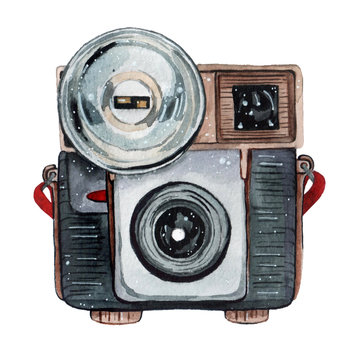 Vintage retro watercolor camera. Perfect for photography logo