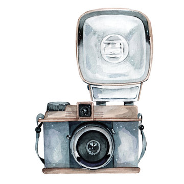 Vintage retro watercolor camera. Perfect for photography logo