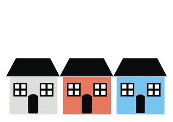 Three houses  with window, door, and roof, various colours, vector icon