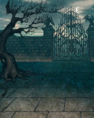 digital illustration of spooky horror environment background with demon gate and an old wicked tree and stone brick floor