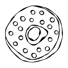 Sweet Donut with Blue Sugar Glaze and Pink Round Confetti Topping. Pastry Shop, Confectionery Design. Round Doughnut with Holes. Best Dessert. Realistic Hand Drawn Illustration. Savoyar Doodle Style.