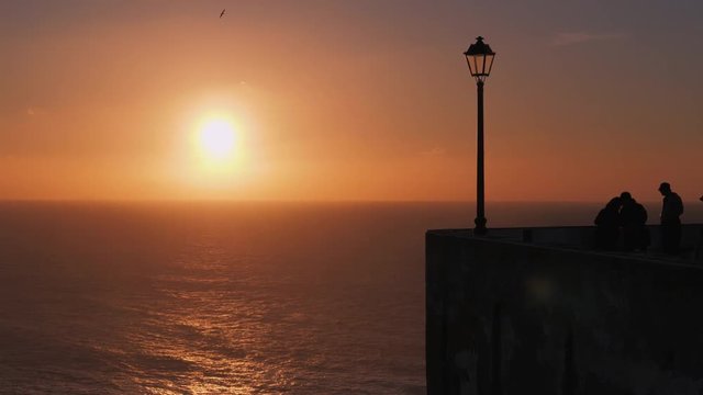 Observation deck overlooking the beach and fishing village of Nazare, Portugal.