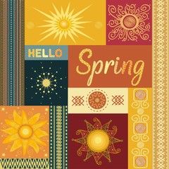 HELLO Spring. Collage pattern with stylized sun