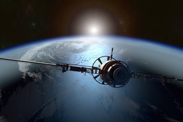 Obraz na płótnie Canvas 3D rendering of a satellite orbiting the earth